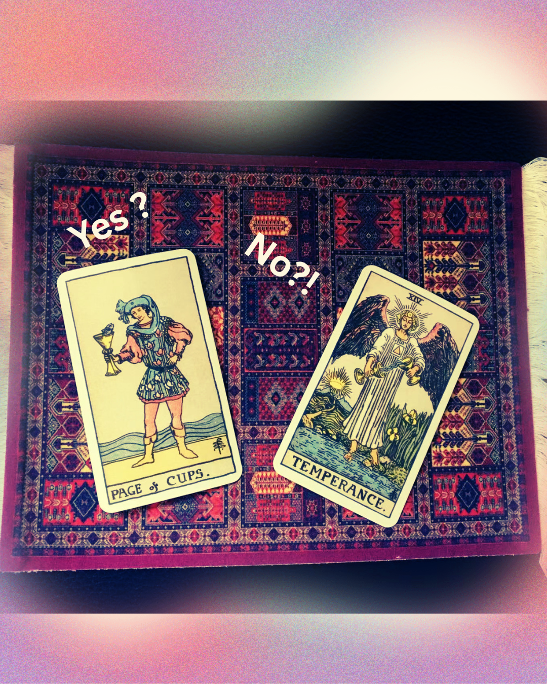Page of Cups and Temperance tarot cards on a Persian rug with Yes? and No?! text overlay representing the complexity of yes/no tarot readings